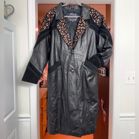 Vintage 80s Middlebrook Park Black Leather Cheetah Leopard Trench Jacket XL - Picture 1 of 9